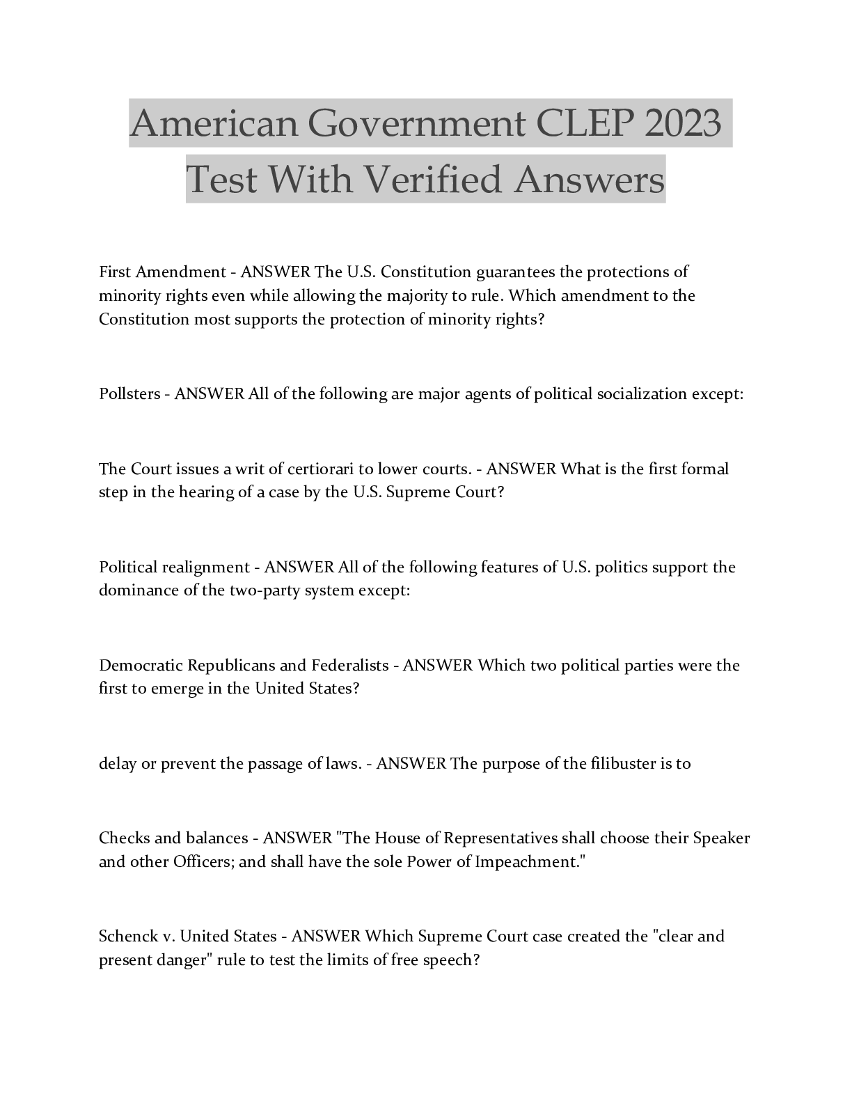 Preview of American Government CLEP 2023 Test With Verified Answers